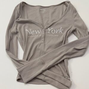 Hollister Taupe Long Sleeve Henley with New York Print